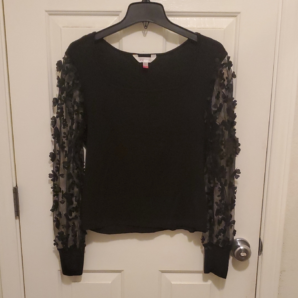No Boundaries Black Top with Sheer Floral Sleeves